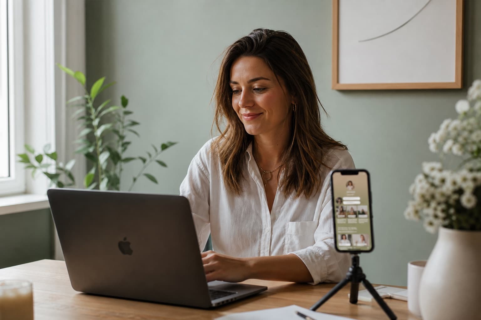 Creator editing her Ueen page on a laptop with a live phone preview