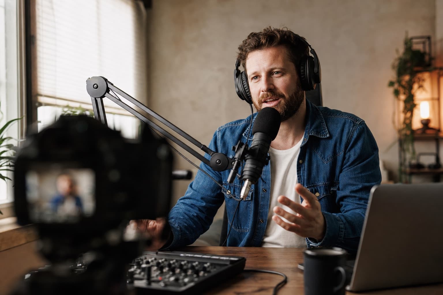 Podcaster recording an episode in his home studio