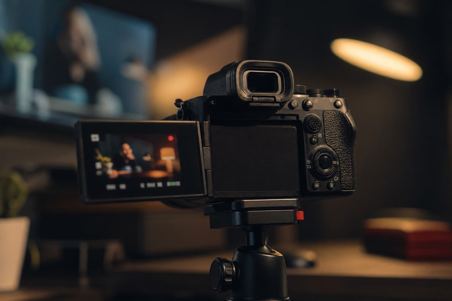 Mirrorless camera recording on a desk tripod