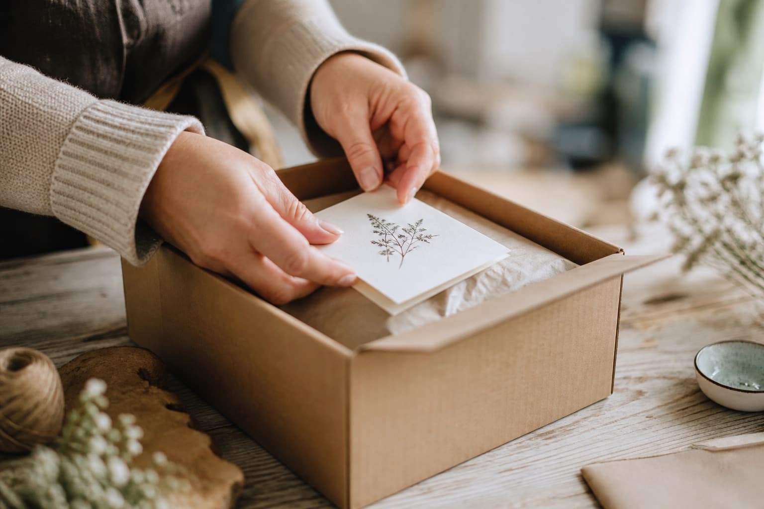 Hands packing a small e-commerce order with a thank-you card